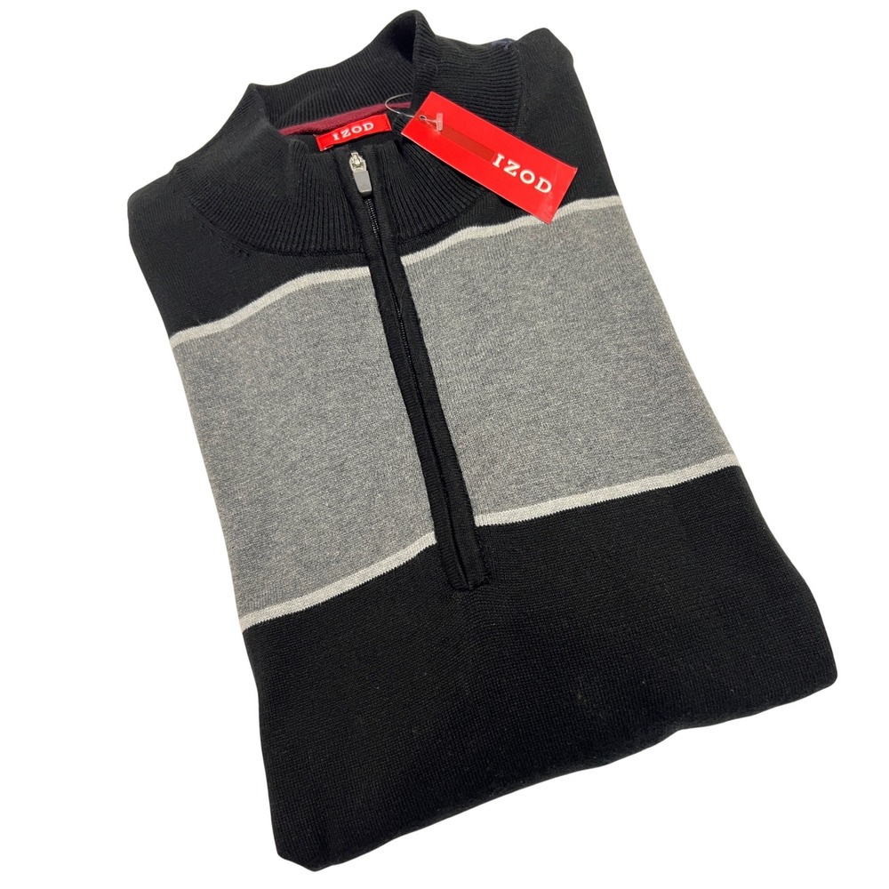 IZOD Quarter Zip Pullover Mens XL Black Gray Striped Sweater Mock Neck New E06